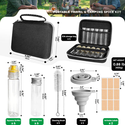 Portable Travel Camping Spice Kit - 12Pcs Spice Jars Set: 6 Mini Salt and Pepper Shakers + 6 Spice Containers Squeeze Bottles, Bonus Funnel, Cleaning Brush & EVA Storage Bag for Outdoor/Travel/Picnic