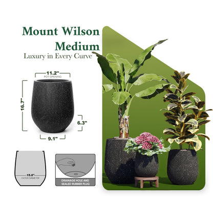 DTY Premium Mt Wilson Tall Tapered Fiberstone Planter for Indoor Outdoor Use, Modern Large Olive Tree Pot with Drainage Hole, 2 Coco Mats. Ribbed Black, Medium 15'' D x 16.7” H. 11.2” Pot Opening
