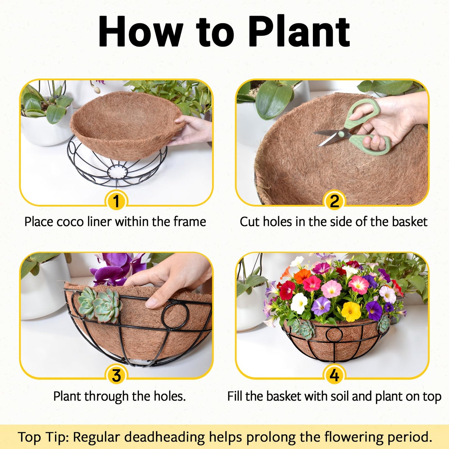 ZeeDix 2 Pack 14 Inch Metal Outdoor Plant Hanging Baskets, Round Wire Planter Basket with Coco Coir Liner, Large Hanging Flower Pots for Outdoor Garden Yard Patio Porch Balcony Decor