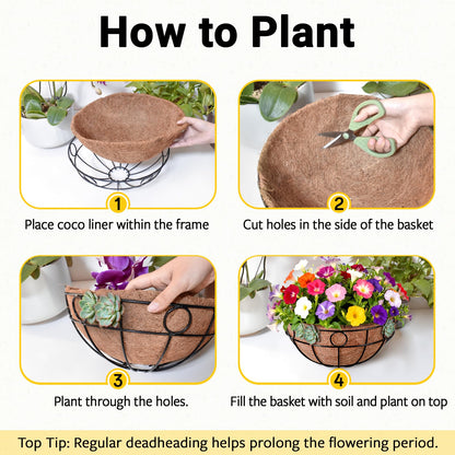 ZeeDix 2 Pack 14 Inch Metal Outdoor Plant Hanging Baskets, Round Wire Planter Basket with Coco Coir Liner, Large Hanging Flower Pots for Outdoor Garden Yard Patio Porch Balcony Decor