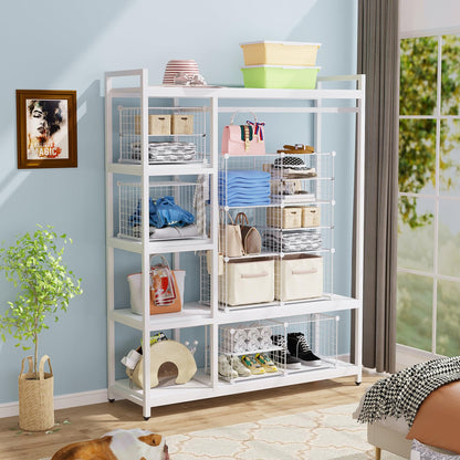 C&AHOME Wire Cube Storage Unit, Interlocking Metal Wire Organizer with Divider Design, Modular Cabinet with Plastic Panels, Bookshelf Stackable Closet Organizer with Small Hooks, White UWCSIM08W