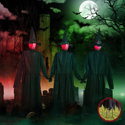 Halloween Decorations Outdoor 3PCS Light Up Witches Holding Hands Witches with Stakes, Scary Screaming Witches with Glowing Face, Creepy Halloween Party Props Decor for Yard Garden Outside Lawn Porch