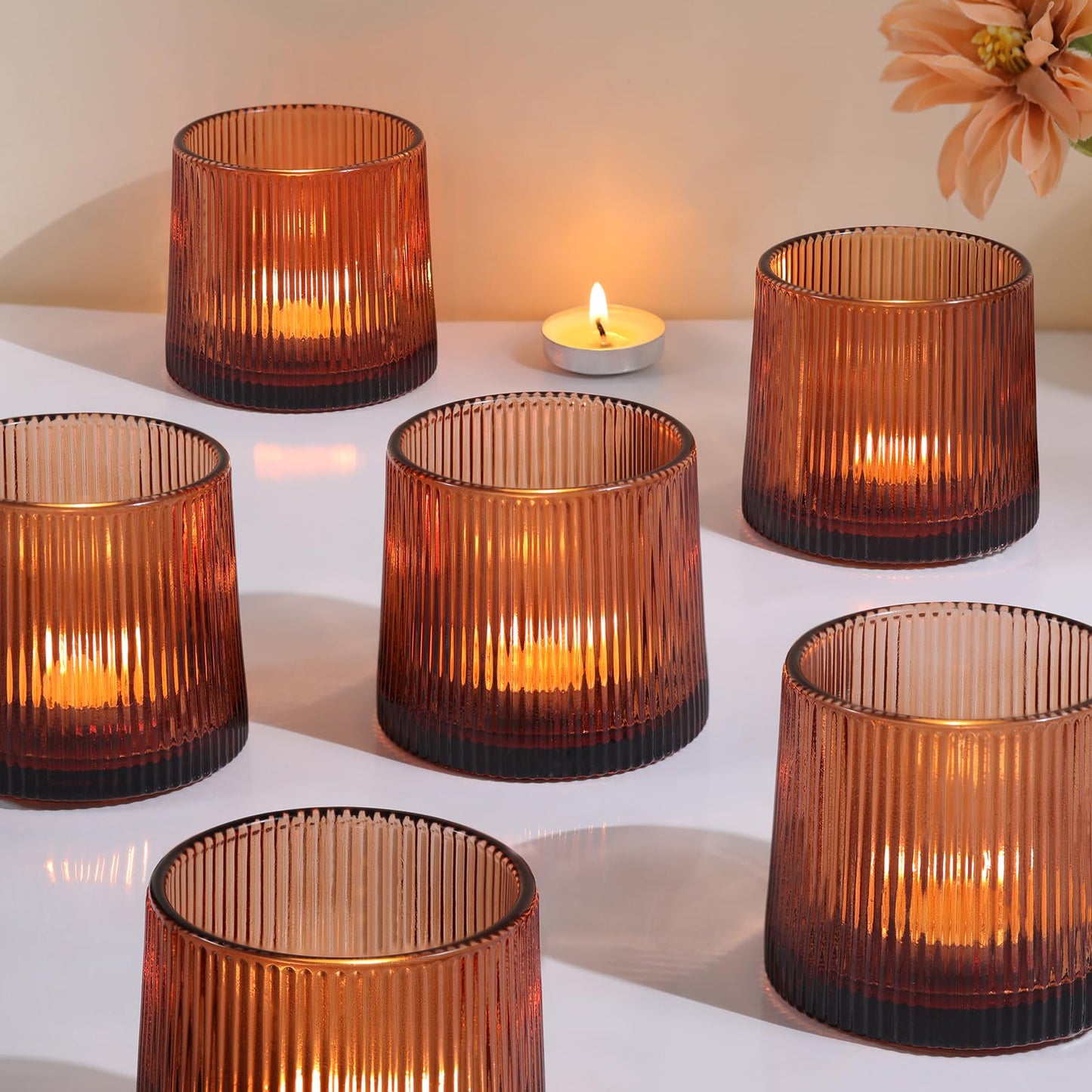 Amber Ribbed Tealight Votive Candle Holders- 6Pack Glass Candle Holders for Table Centerpiece, Home Decor, Wedding Decor, Party Dinner