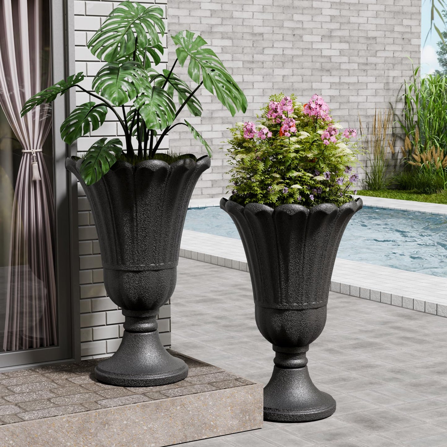 FONTOI 23" Tall Plastic Urn Planter (2-Pack) – Planters for Outdoor Plants with Drainage Holes & Petal Design, Heavy-Duty Classic Indoor Large Flower Pots for Home Garden, Front Porch & Decor, Black