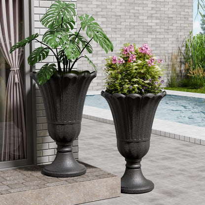 FONTOI 23" Tall Plastic Urn Planter (2-Pack) – Planters for Outdoor Plants with Drainage Holes & Petal Design, Heavy-Duty Classic Indoor Large Flower Pots for Home Garden, Front Porch & Decor, Black