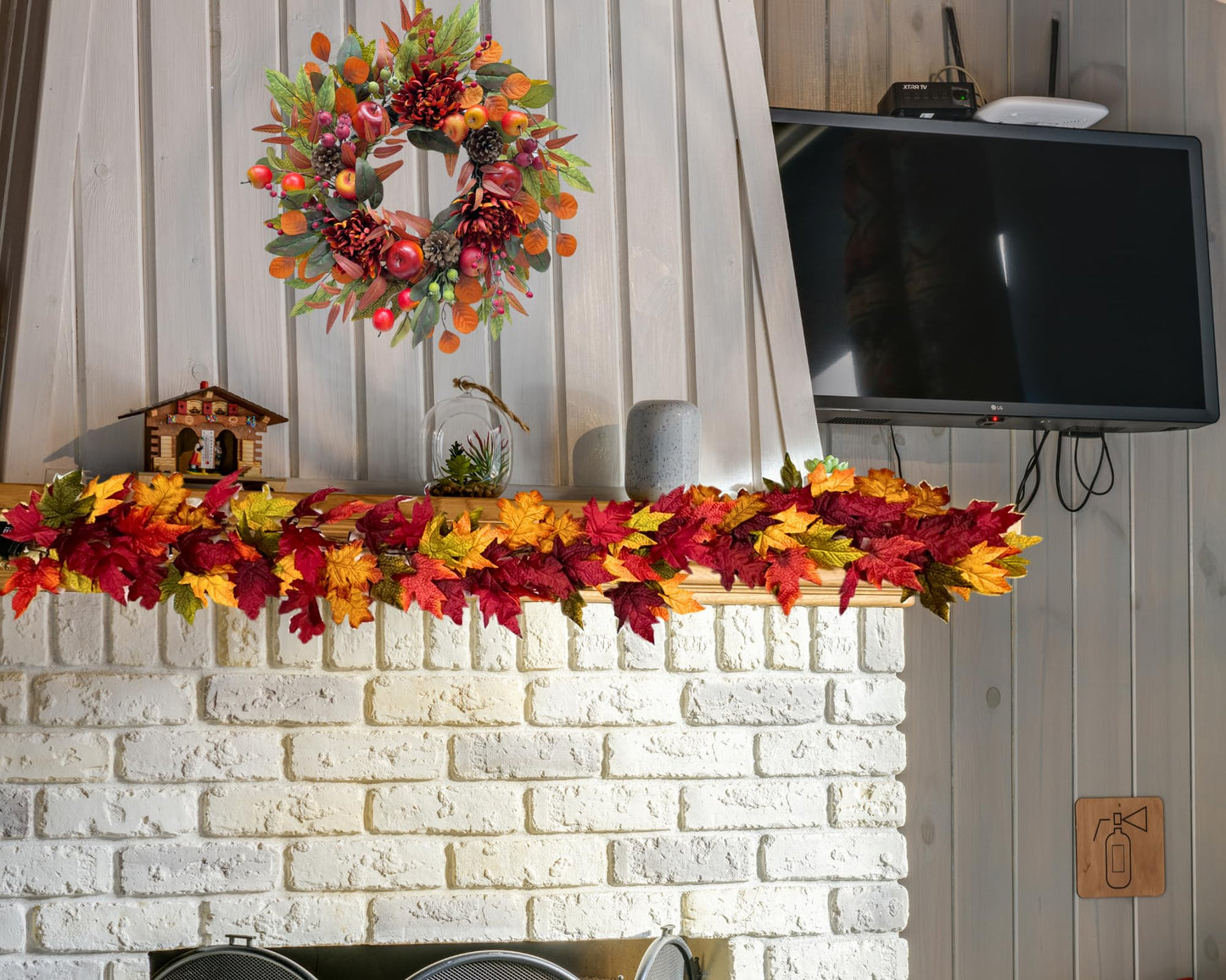 Svndlyn 22 Inch Fall Chrysanthemum Wreath Harvest Floral Wreath with Apples Pinecones Berries and Eucalyptus Maple Leaves for Fall Thanksgiving Halloween Mantel Table Outdoor Front Door Wall Window