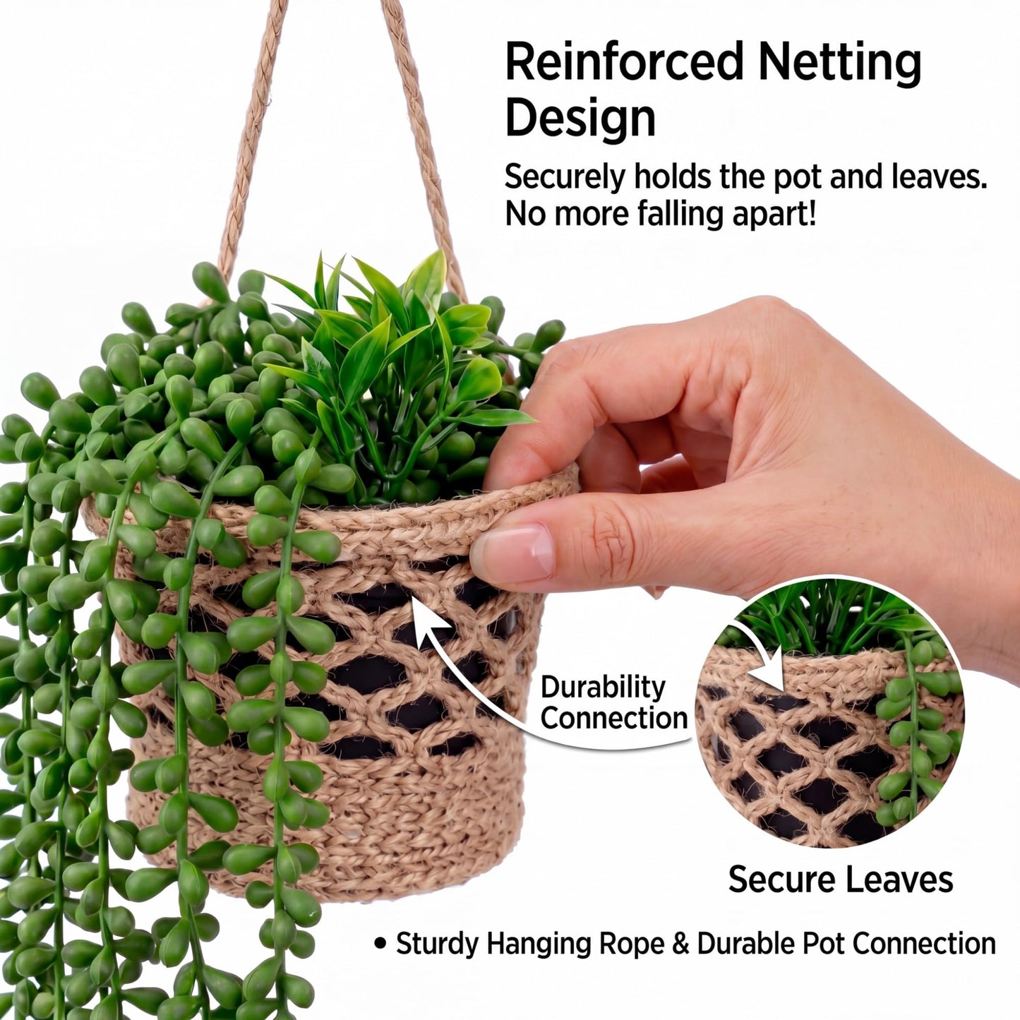 Giegxin 10 Set Fake Hanging Plant with Macrame Basket Summer Mini Artificial Macrame Plant Hanger with Woven Basket and Butterfly Ivy Faux Vines Eucalyptus Leaf for Indoor Home Wall Shelf Decor