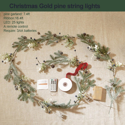 MIYA LIFE Mixed Berry Christmas Garland with Lights - 6.5FT Norfolk Pine Branch with Blueberry, White Flowers & Warm White LED Lights Battery Powered with Remote Ideal Christmas Garland for Mantle