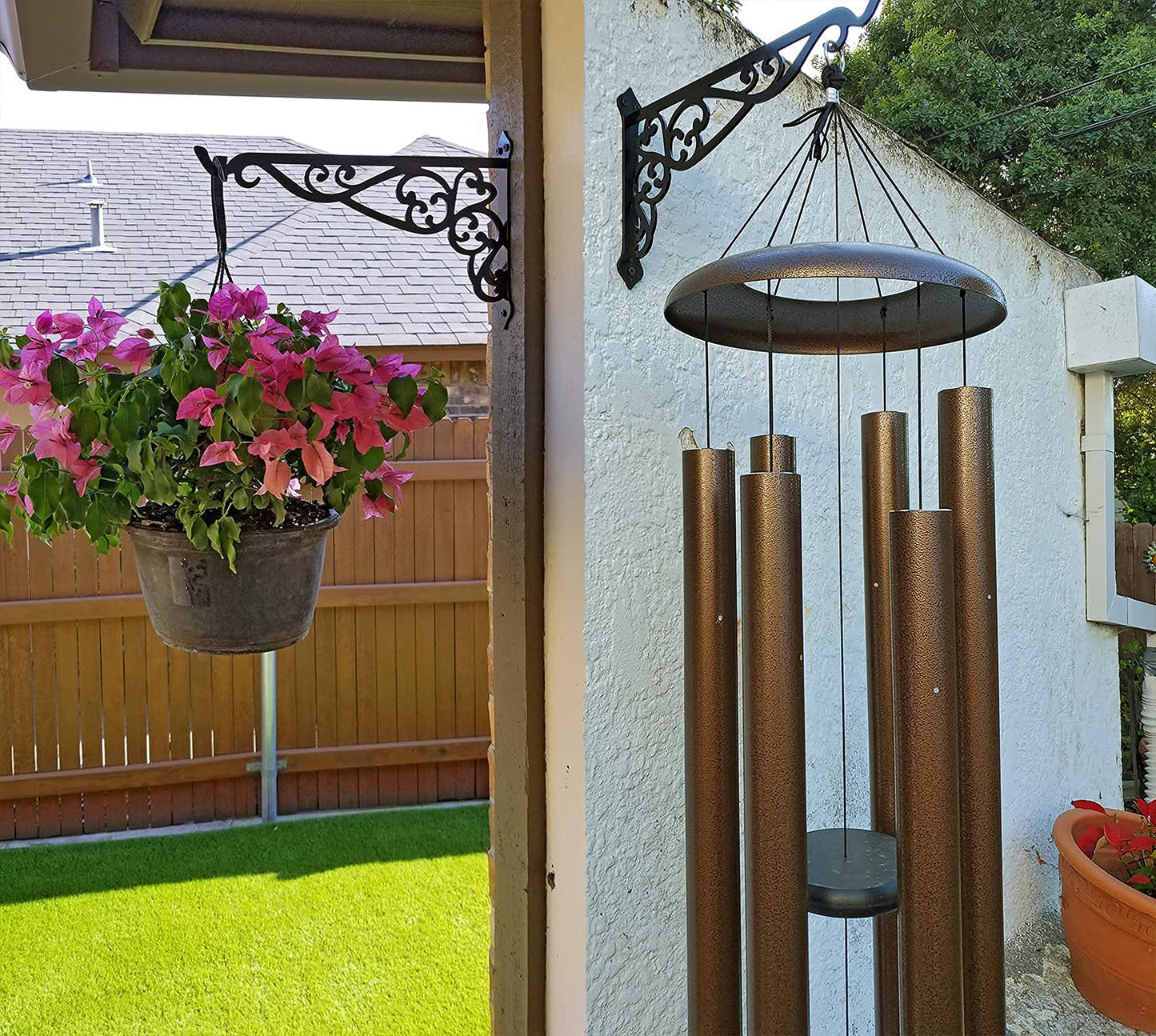 APBFH 14in Hanging Plant Bracket Outdoor Decorative Iron Plant Lantern Birdfeeder Wall Hanger Hook for Hanging Metal Sign Fruit Basket Windchime, Black