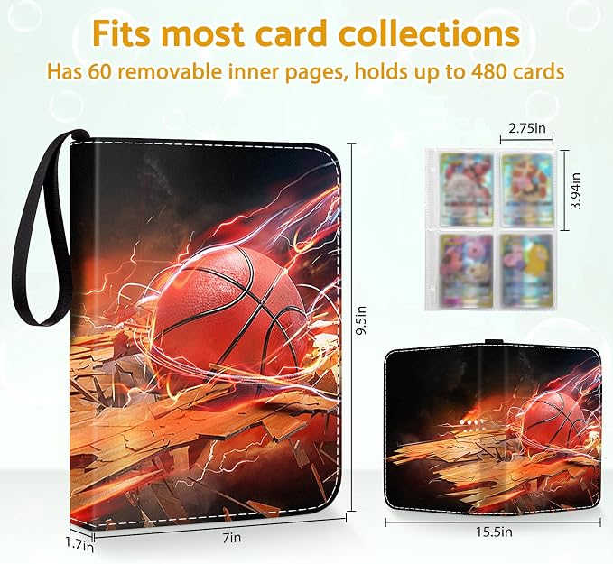 Basketball Card Binder Holder 480 Pockets with 60 Removable Sleeves, Portable Sports Trading Cards Binder Album Collector Organizer Protectors with Zipper,Waterproof