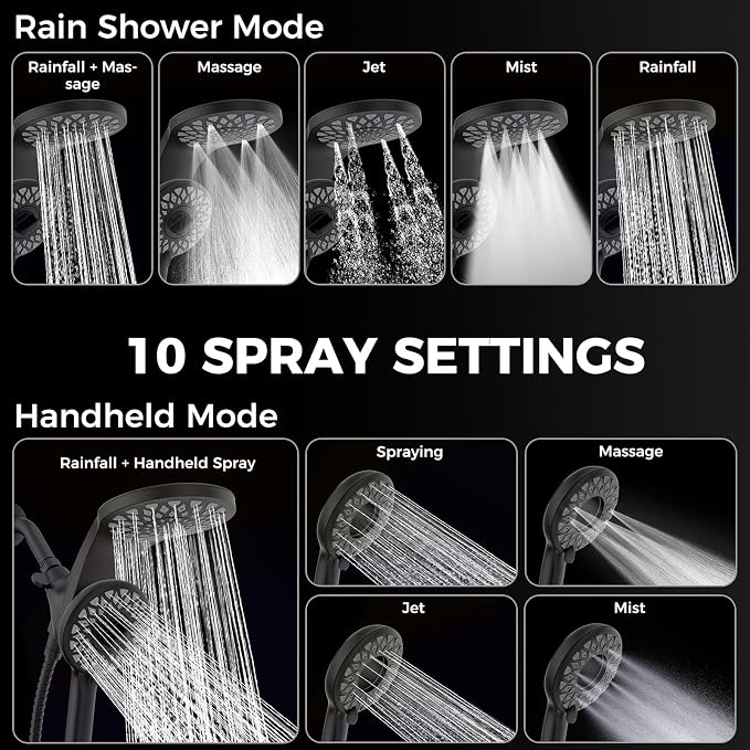 High Pressure Rain Shower Head with Handheld Spray Combo: Detachable Dual Shower Head with 10 Sprays Modes - Upgrade Knob Spray Mode Selector and Magnetic Guidance Docking System