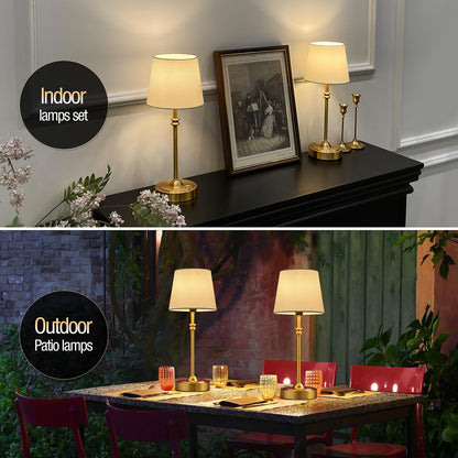 ONEWISH Cordless Lamp-Battery Operated Table lamp, 4000mAh Rechargeable, Stepless Dimmable, Small Touch Bedside Lamp with Fabric Shade, for Dining, Patio, Bathroom(Gold)
