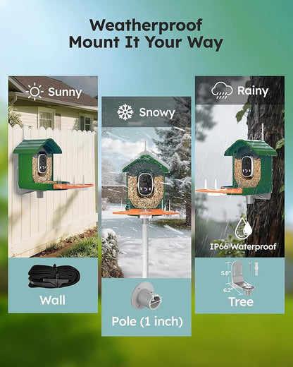Smart Bird Feeder with Camera Solar Powered for Outdoors 2K FHD AI Recognition Hanging Bird Feeder Camera for Outside Backyard Garden, Gifts for Birdlover Mom Dad Kid (Dark Green and Orange)