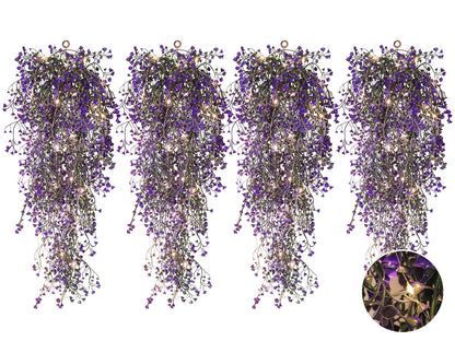 RECUTMS Artificial Hanging Plant 4 Pack Fake Fern with LED Lights Ivy Vines 2.5ft Faux Hanging Greenery Vine for Home Garden Wall Office Wedding Party Decoration (Purple)