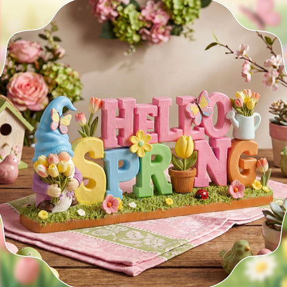Simgoing 1 Pack Hello Spring Table Decoration Resin Spring Gnome Decorations for Home Pastel Flower Table Sign Festive Floral Statue Tabletop Centerpiece for House Tabletop Tiered Tray Fireplace Decor