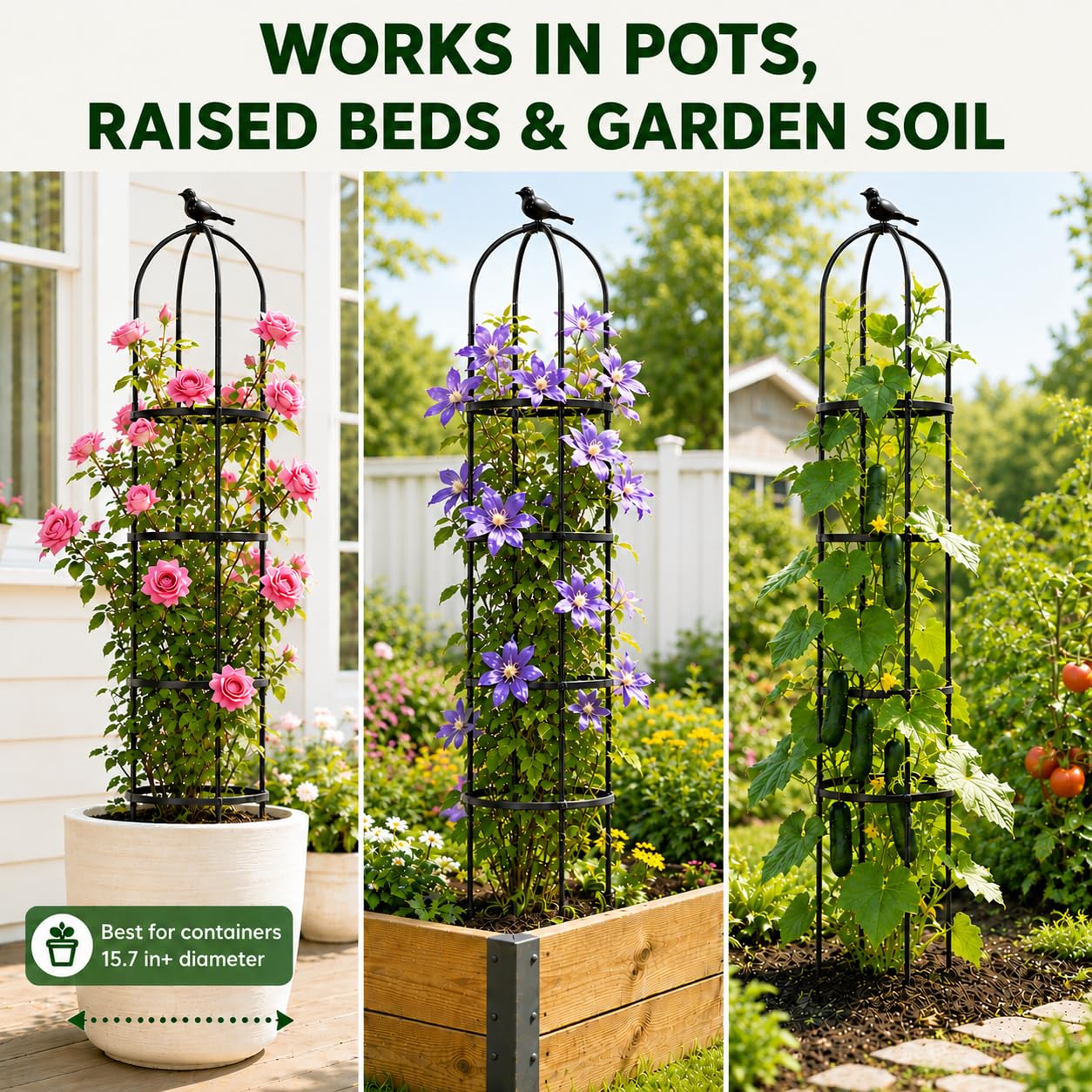 Garden Obelisk Trellis for Climbing Plants Outdoor, 6.3 ft Tall Trellis for Roses Clematis Jasmine Ivy Flower Light Climbing Vines Potted Plant Support, Patio, Yard, Black, 2PCS