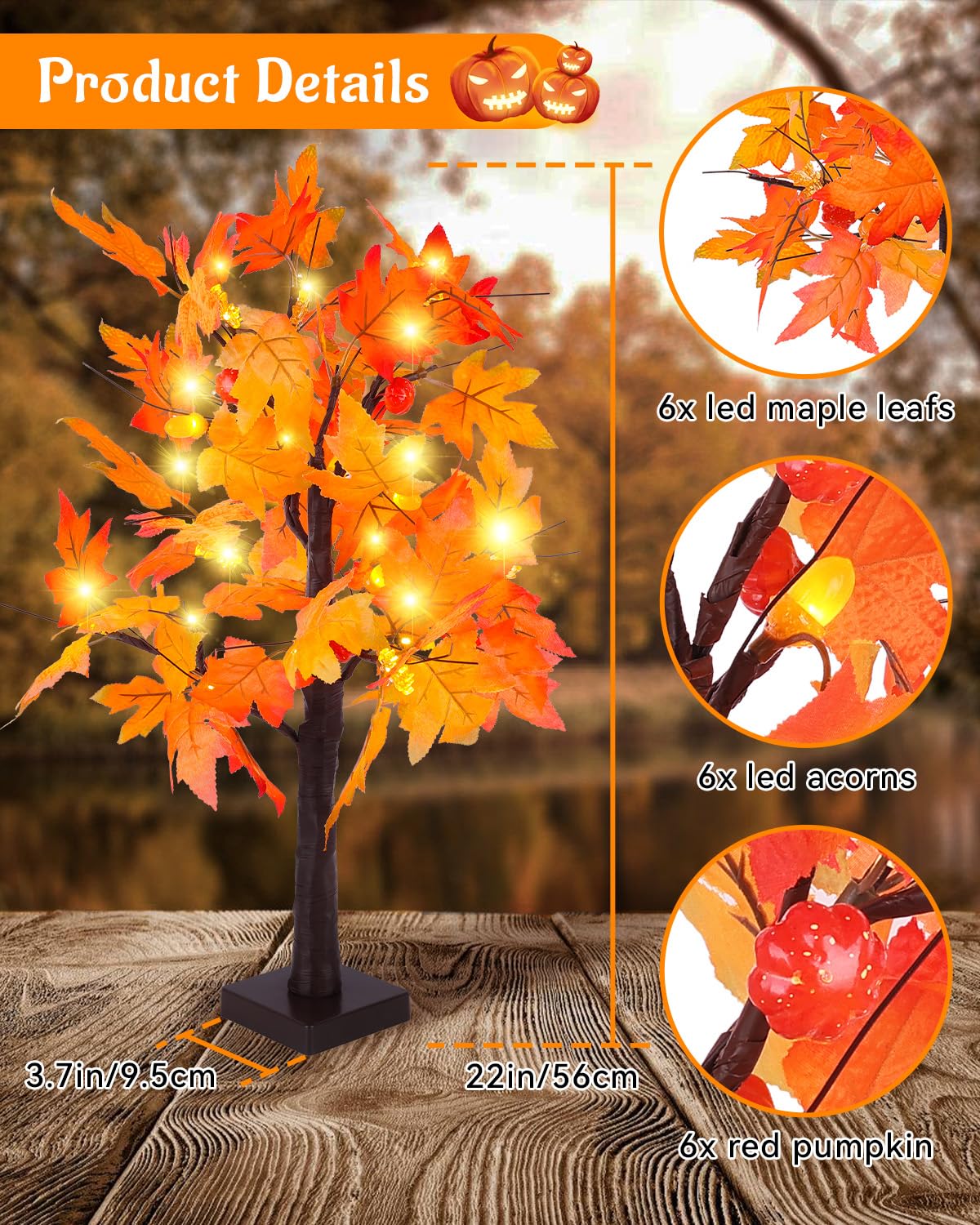 Fall Maple Tree Light 2 Pack, Fall Decorations USB & Battery Operated Light Up Artificial Pumpkins Maple Acorn Tree for Fall Halloween Thanksgiving Table Harvest Home Indoor Decoration