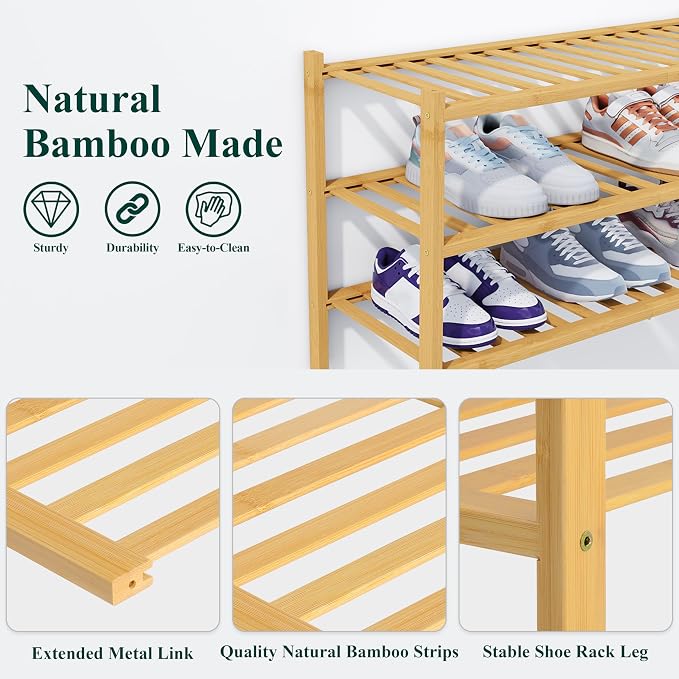 Smiry Bamboo Shoe Rack, 3 Tier Free Standing Wooden Shoe Organizer, Stackable Wood Shoe Storage Shelf for Closet, Entryway, 14 Vertical Slats, 2+1 Stack Heavy-Duty Legs, 26.8"x11"x19.5", Natural