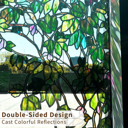 ChicSkin Original Hand Drawn Stained Glass Window Hanging Cling, Green Window Privacy Film Decorative Leaves Bird Cling, Green Vine Bird 15.75"X22.04"