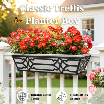 Railing Planter Box, Window Planter Box 24 Inch 2 Pack, Metal Hanging Flower Boxes with Non-Woven Fabric Liner, Adjustable Brackets for Deck Railing, Fence, Balcony, and Porch, Black