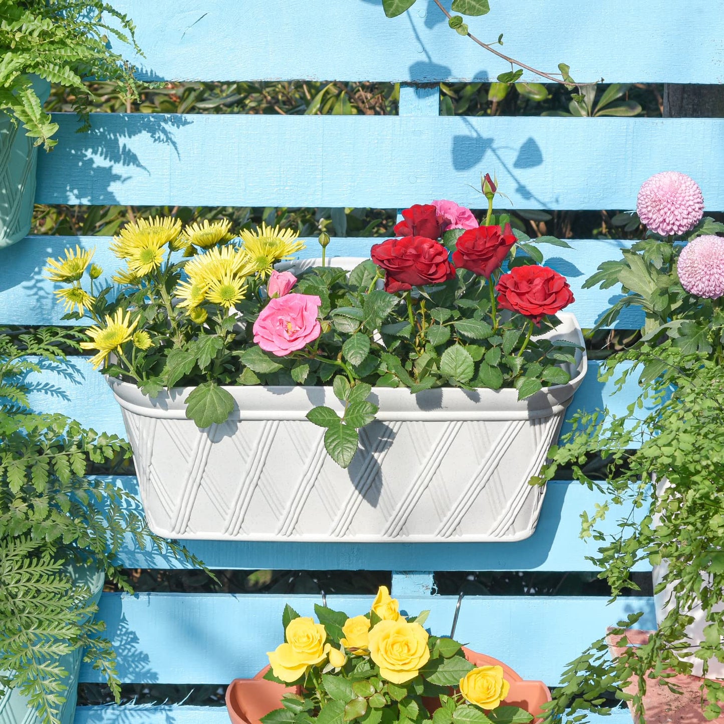 Sungmor 3 Pack Wall Hanging Planters, 16.5 Inch Railing Fence Hanging Flower Pots, Thickened Plastic Water Storage Plant Pot, Indoor Outdoor Garden Balcony Decor, Light Grey Large Plant Basket