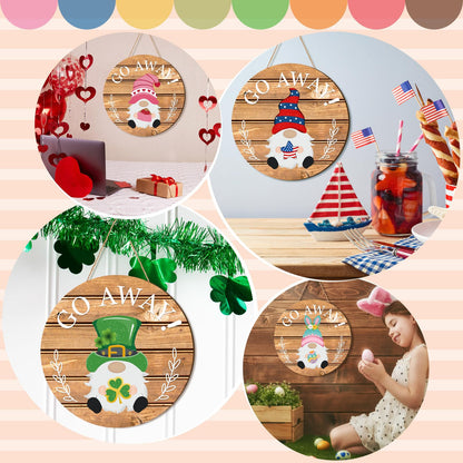 Seasonal Gnome Wall Decor Set, 11.8 inch Wooden Round Sign with Interchangeable Holiday Hats, Welcome Door Hanging (Delicate)