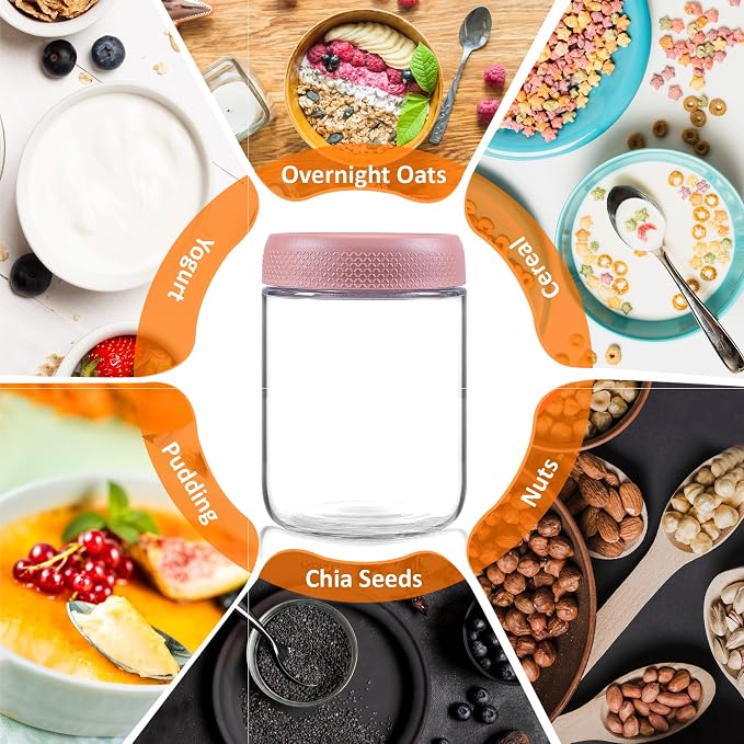 16 oz/480 ml Glass Storage Canister with Airtight Lid, 4 Pack Clear Overnight Oats Containers, Cute Decorative Mason Salad Jar for Snacks, Yogurt, Cereal, Fruit, Spice, Sugar, Coffee, Tea