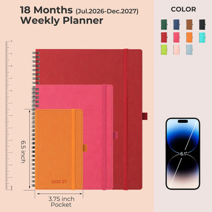 IN-LUXPRO Planner 2026-2027 Daily Weekly and Monthly,6.5"x3.75",18 Months Spiral Bound Calendar Agenda with Self-adhesive Pen Holder,2026 Academic Plan with Vegan Leather Soft Cover,Rose Red