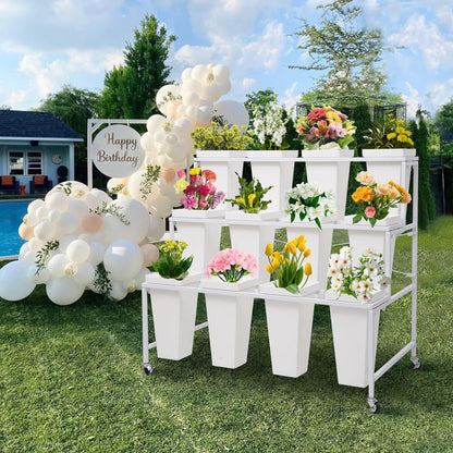 Flower Display Stands with Buckets, 3-Tier Rolling Plant Stand with Locking Wheels - Heavy Duty Metal Flower Cart for Indoor/Outdoor Use, Wedding Decor & Florist Displays (Holds 12 Pots) (White)