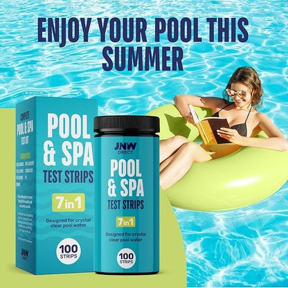 JNW 7-in-1 Pool Test Strips, 100 Quick & Accurate Test Strips for Pool Water, Spa Test Strips for Hot Tub, Chlorine Test Strips, Bromine, pH, Alkalinity, Hardness & More - Swimming Pool Test Kit