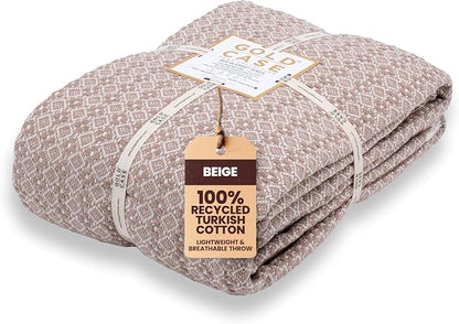 Gold Case Throw Blanket for Bed - 100% Recycled Turkish Cotton Blanket - Retro Lightweight Soft Throw Blankets for Bed & Living Room - Queen Size Cozy Blankets - 90x90 - Beige