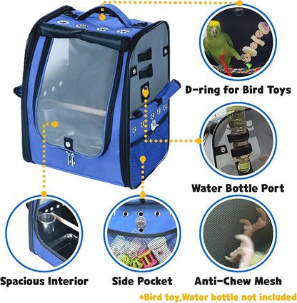 Birds Day Bird Carrier Backpack - Breathable Mesh Portable Parrot Travel Cage with 2PCS Perch, Food Bowl, and Stainless Steel Tray (Sky Blue)