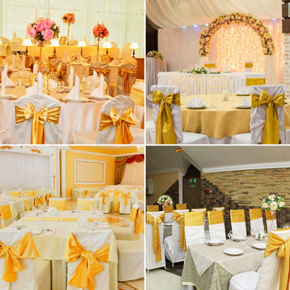 50 PCS Satin Chair Sashes Bows Decorative Universal Chair Cover Chair Ribbon Ties Back Sash for Wedding Party Ceremony Reception Hotel Events Banquet Restaurant Home Kitchen Decor(7 x 108 inch,Gold)
