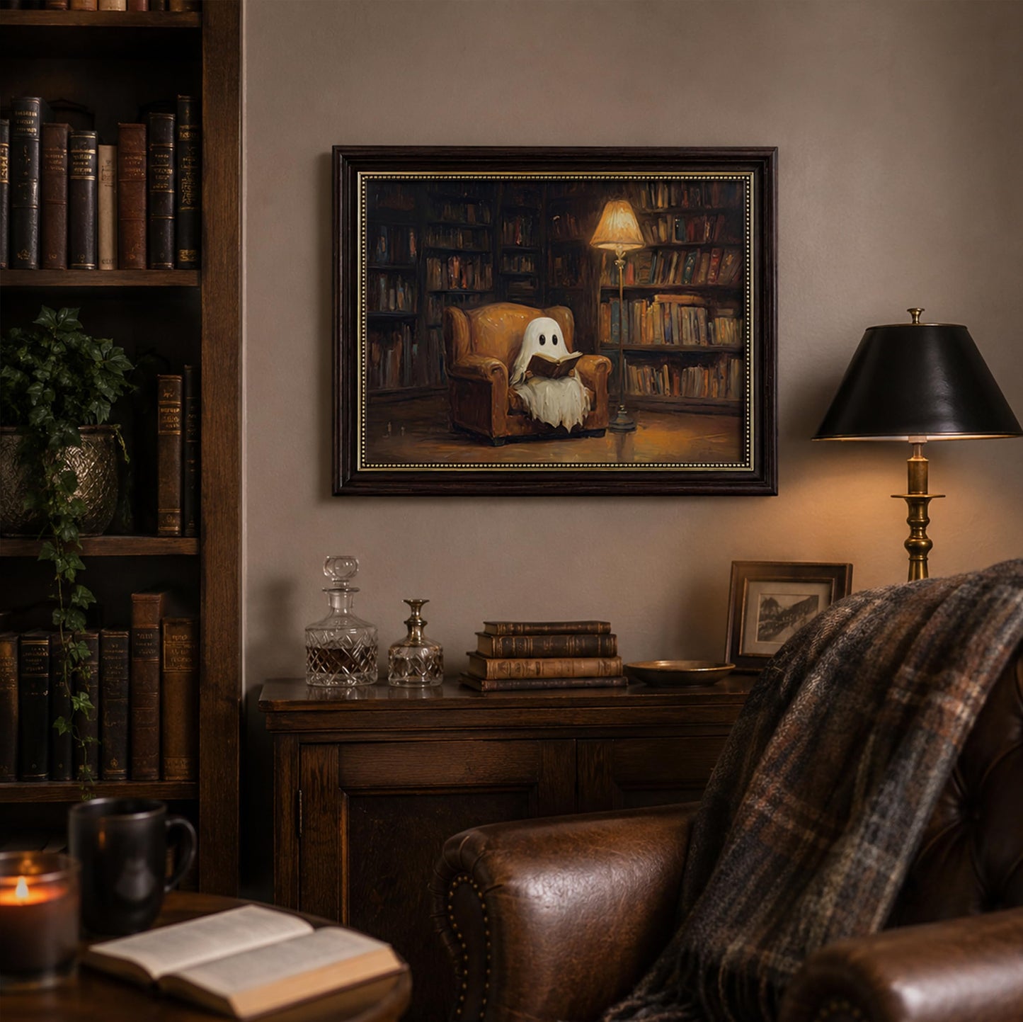 Vbaourut Framed Halloween Ghost Wall Art, Moody Reading Ghost Canvas Painting, Dark Academia Library Poster with Dark Brown Frame and Upgraded Hook and Loop for Study, 9x11 in