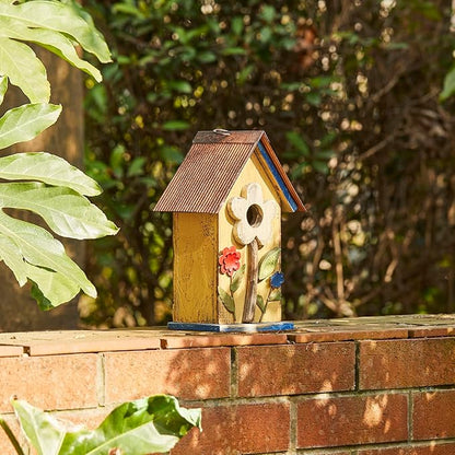 Glitzhome Bird Houses for Outside, 10.25" Wooden Bird House Hanging Birdhouse Distressed Flower Garden Bluebird House for Outdoor, Bird Nest Box for Bluebird Wren Chickadee Sparrow