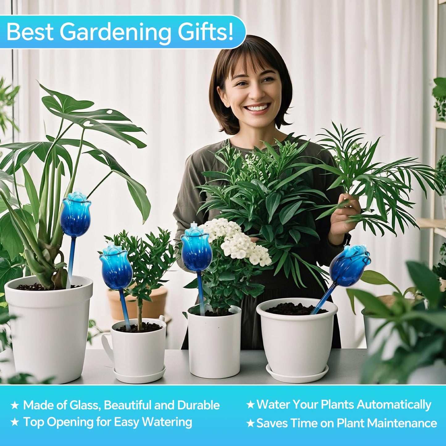 YEH-HOME Large Plant Watering Globes Set of 3-10 oz Indoor/Outdoor Large Self Watering Globes Planter Insert, for Mother/Father/Friend/Plant Enthusiasts (Blue Rose)