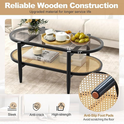 Giantex Rattan Coffee Table, 2-Tier Oval Wood Tea Table with Tempered Glass Tabletop & PE Rattan Storage Shelf, 40" Boho Cocktail Tables, Mid Century Modern Center Table for Living Room Office, Black