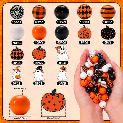 Whaline 210Pcs Halloween Wooden Beads Ghost Pumpkin Spider Web Craft Bead Black Orange Round Loose Beads for DIY Crafts Bracelet Necklace Making Supplies
