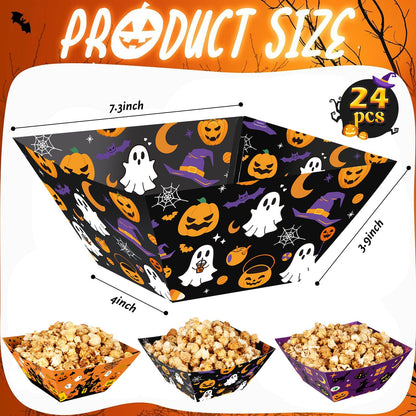 Marspark 24 Pcs Halloween Popcorn Boxes Trick or Treat Snack Bowls Popcorn Tray Containers for Movie Night Halloween Party Pumpkin Bat Ghost Party Supplies