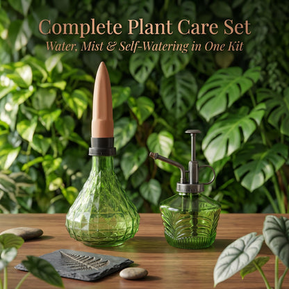 Topadorn Vintage Glass Plant Care Set, Plant Mister Spray Bottle & Terracotta Self-Watering Globe, Green