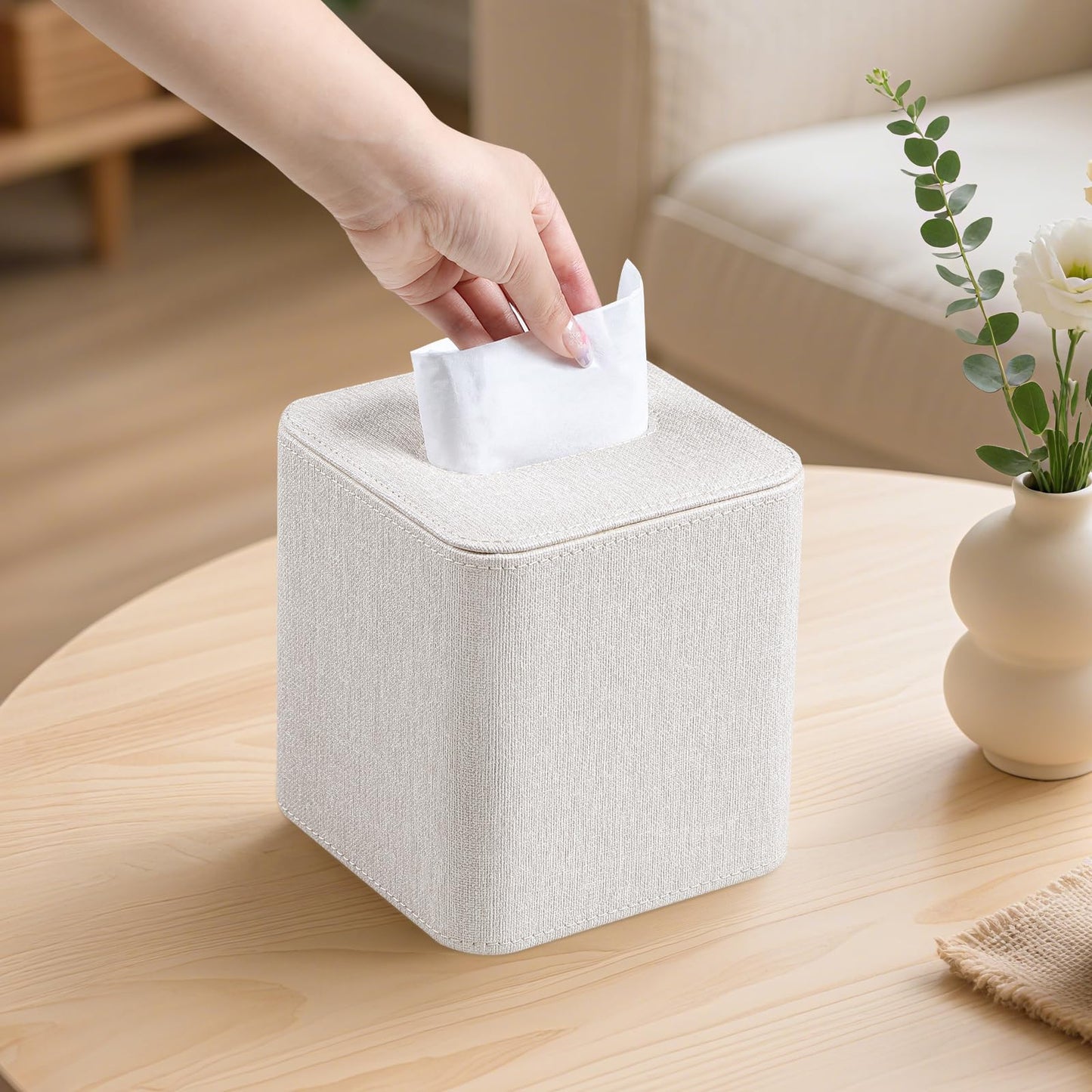 Cretkhp Square Linen Tissue Box Cover with Magnetic Closure, Modern PU Leather Tissue Box Holder for Bathroom Vanity NightStands Bedroom Office Desk, Stylish Cube Tissue Holder
