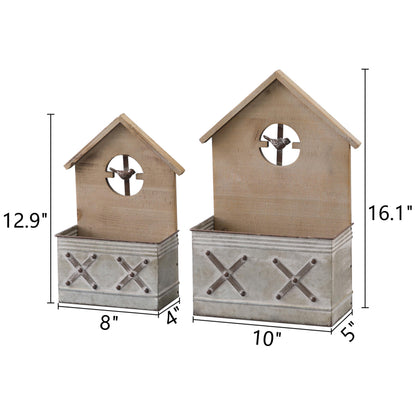 SOFE Set of 2 Wall Mounted Metal Planter Box, Rustic Wall Flower Pot Birdhouse Shaped, Vintage Hanging Plant Holder for Garden Home Balcony Patio Farmhouse, Wood & Galvanized