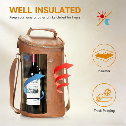 Tirrinia 2 Bottle Wine Carrier Bag, Insulated Wine Tote Cooler Bag with Shoulder Strap, for Travel, Picnic, BYOB & Christmas for Wine Lovers, Brown