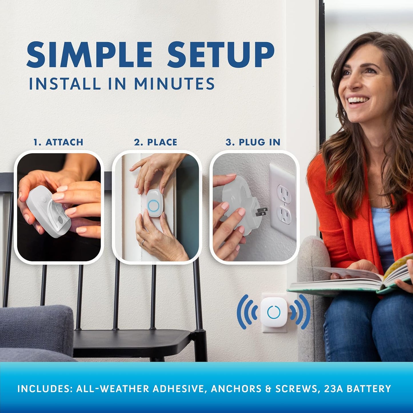 SadoTech Wireless Doorbells for Home, Apartments, Businesses, Classrooms, etc. - 1 Door Bell Ringer & 2 Plug-In Chime Receiver, Battery Operated, Easy-to-Use, Wireless Doorbell w/LED Flash, White