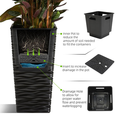 Worth 2 Pack 22" Tall Plastic Square Tapered Planter with Inside Pots for Indoor or Outdoor Use, Modern Wavy Finish for Front Porch or Deck, Black