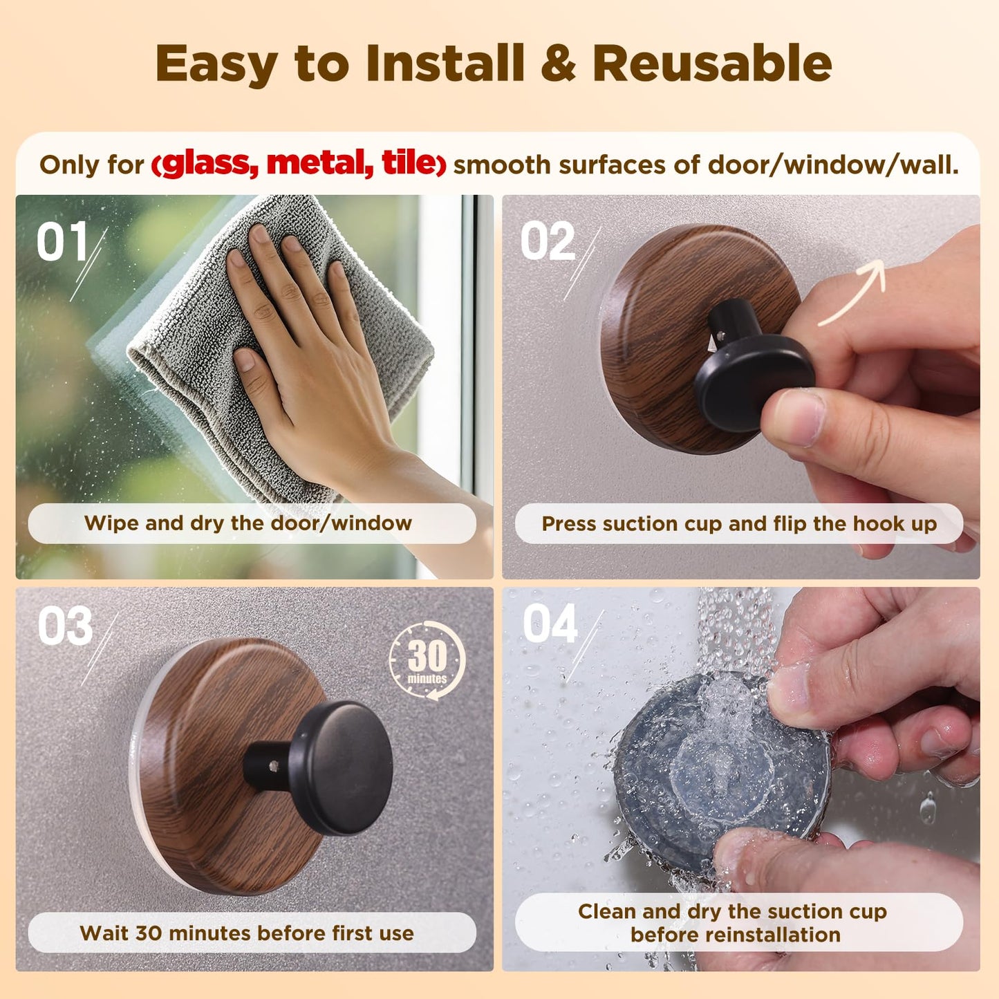 OUTXE Suction Cup Wreath Hanger, Heavy Duty Reef Hook for Front Door/Glass Window/Over Door/Outdoor, Christmas/Thanksgiving/Halloween/July 4th/Easter/Valentine/Fall/Summer/Spring (Walnut, 2-Pack)