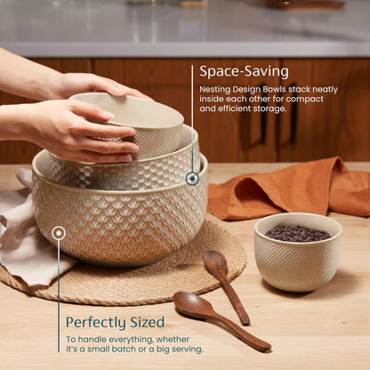 KooK Ceramic Mixing Bowls, Nesting Set of 4, Embossed Kitchen Dishware, Prep, Serving, Gift, Microwave and Dishwasher Safe, 20/44/98/145 oz, Narbonne Collection (Almond)