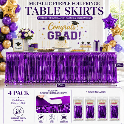 WIEPENGLNA 4-Pack Purple Foil Fringe Table Skirt, Disposable Metallic Tinsel Streamers, Photo Backdrop Party Decorations for Mardi Gras, Halloween, Mermaid Theme, Fairy & Graduation, 29x108 Inch