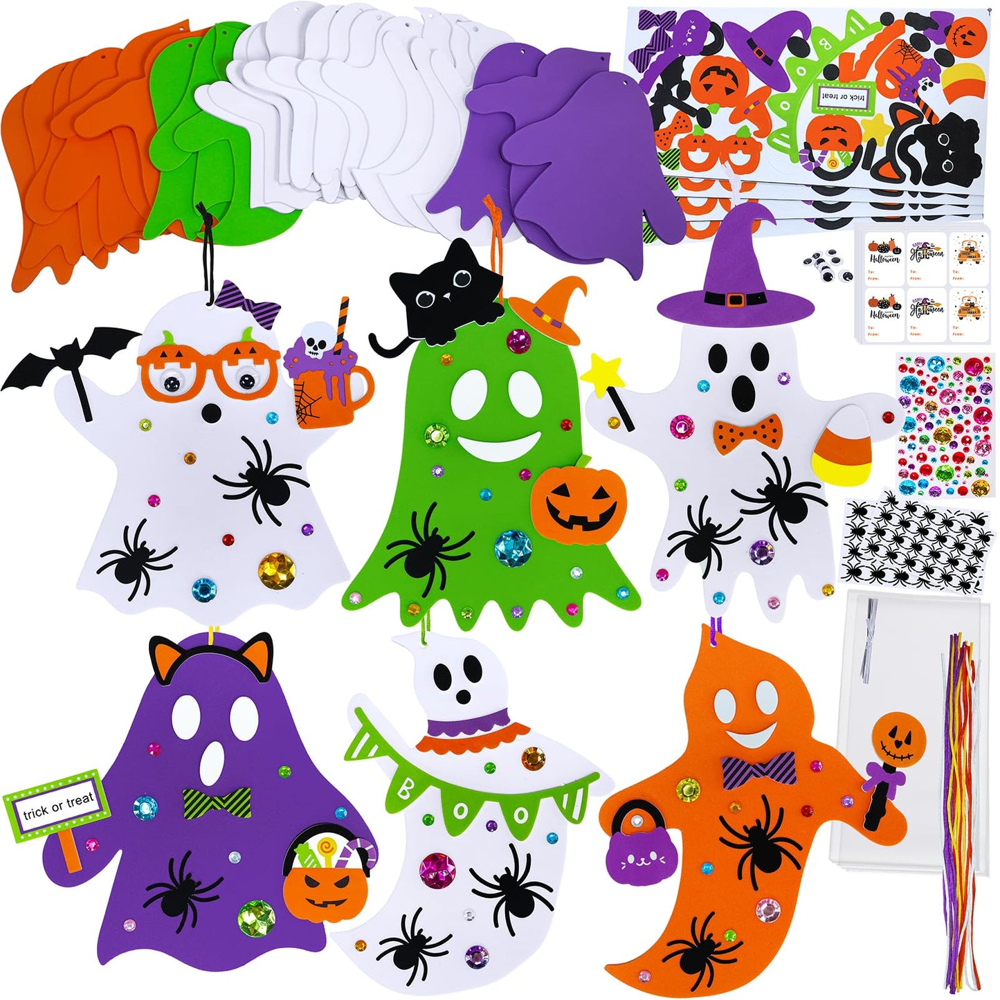 Winlyn 24 Set Fall Crafts DIY Halloween Ghost Tree Ornaments Decorations Kit with Foam Ghost Stickers for Kids Party Favors & Classroom Art Activities
