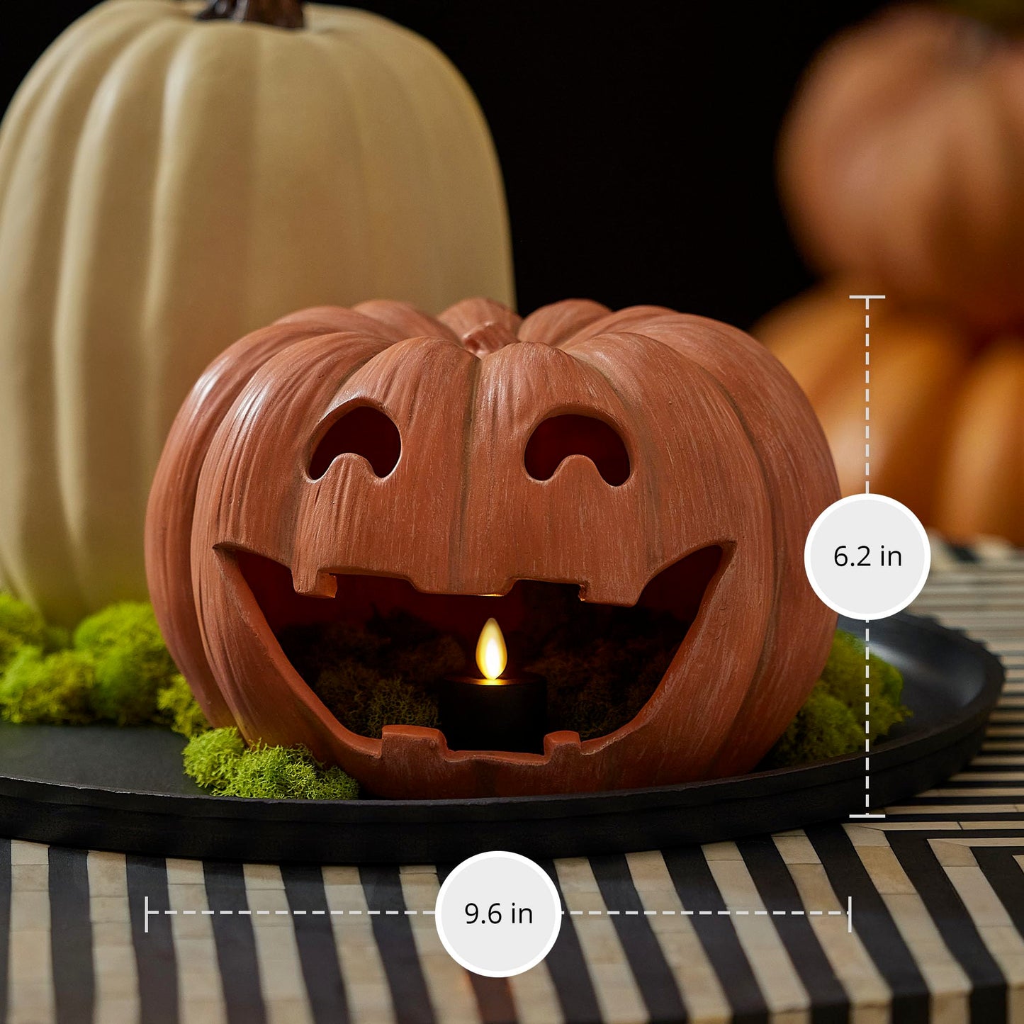 Luminara Jack-o'-Lantern Pumpkin Tealight Holder - Orange 10" x 6.75" - Halloween Dry Brush Resin Fall Home Autumn Harvest Festival Party Decor
